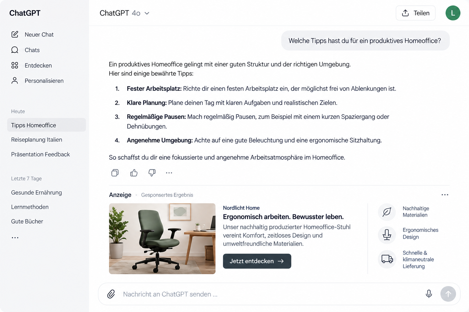 Eine Beispielhafte Darstellung von ChatGPT Ads in einem fiktiven ChatGPT Chat.