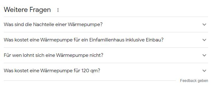 Mögliche Darstellung von FAQ-Komponenten in der Google-Suche für WärmepumpenSEO