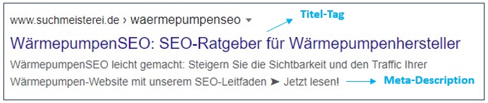 WärmepumpenSEO SERP-Snippet der Suchmeisterei, mit Pfeilen die auf Title-Tag und Meta-Description verweisen